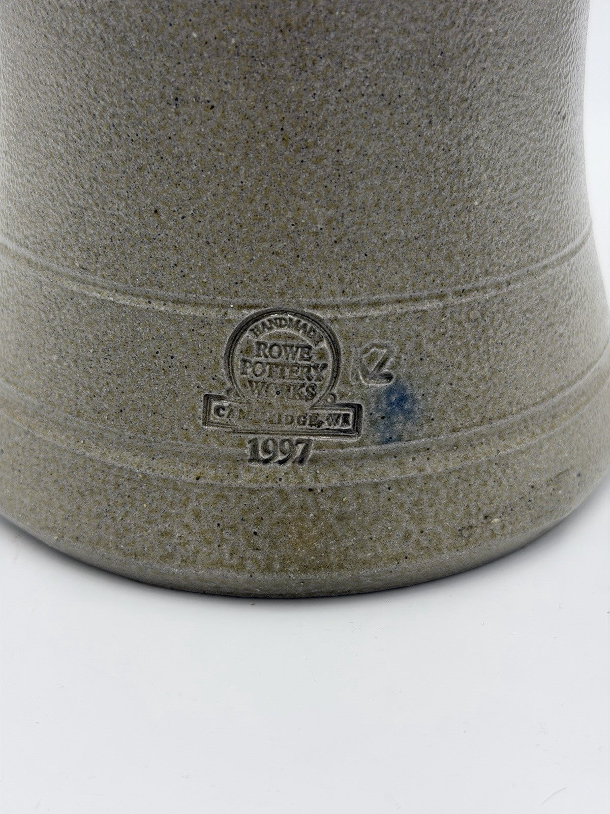 1995 Rowe Pottery Works Stoneware Blue Flowers  Design Salt Glaze Flower Vase 9”