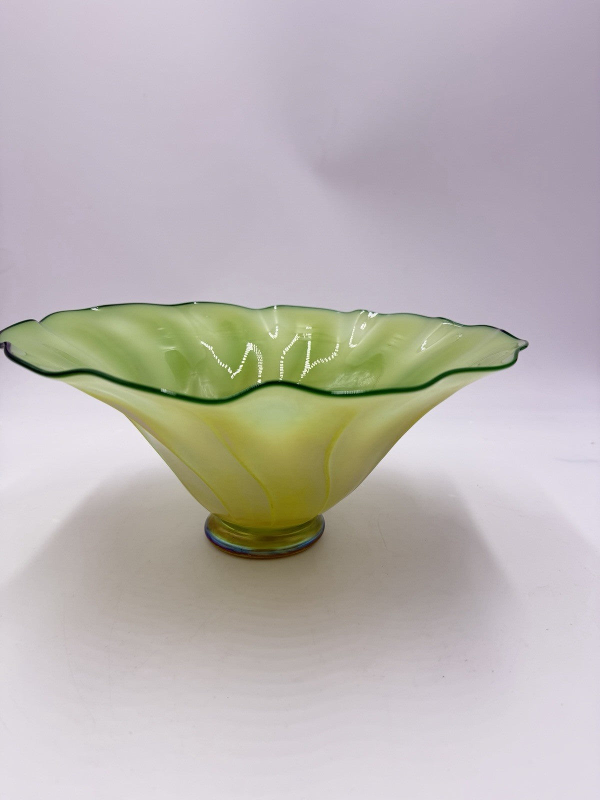 Rick Strini Art Glass Signed Green Lime Iridescent Swirl Bowl 2001 5.5”Hx12”W