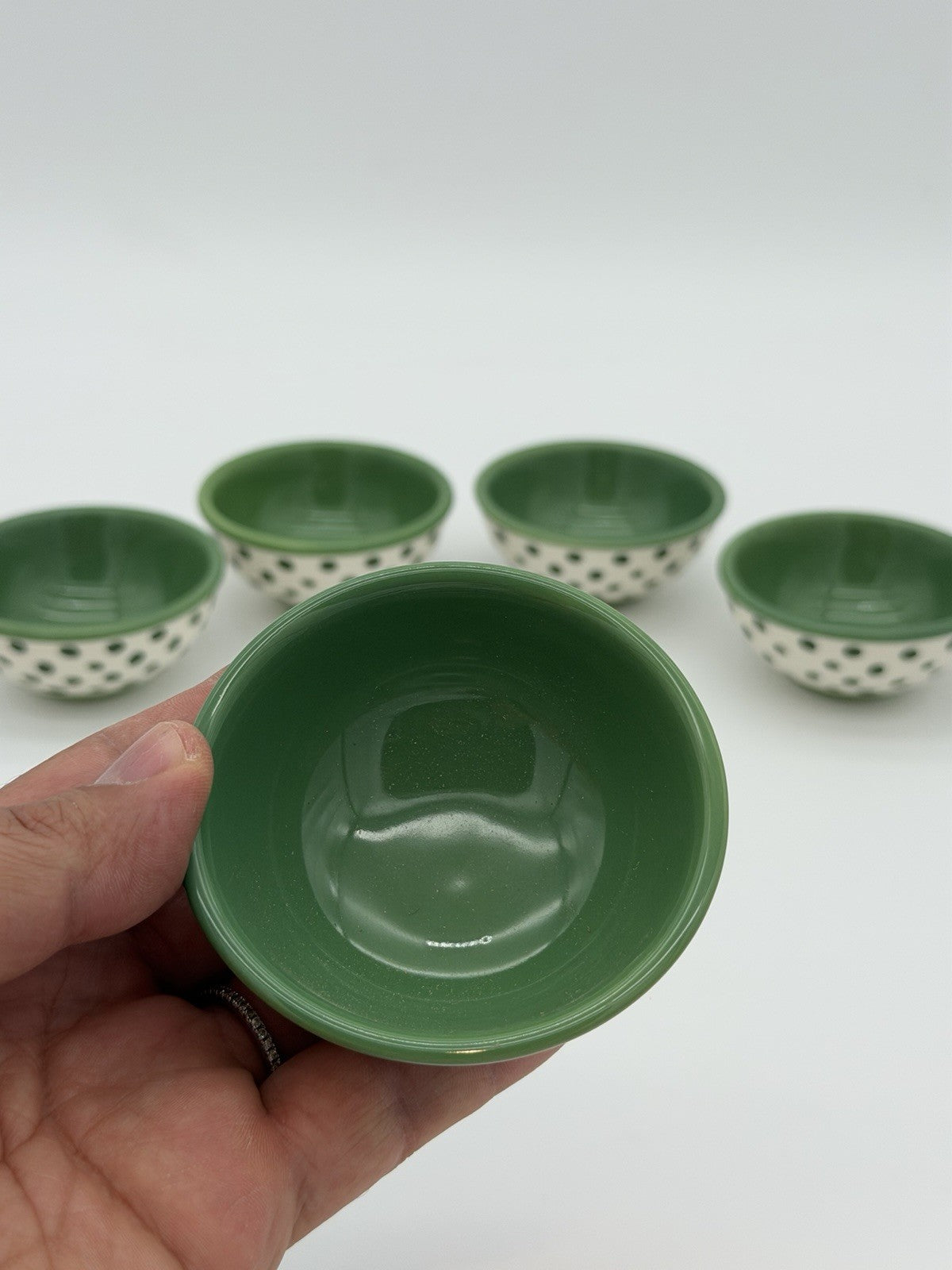 Pioneer Woman Green Flea Market Cerami Retro Dot Green Dipping Bowls 3.125 Rare