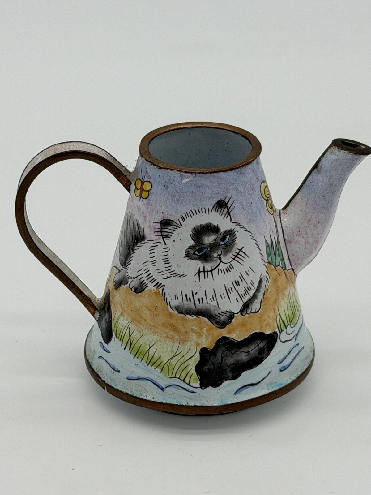 Vintage Kelvin Chen Enameled Hand Painted Cat Miniature Tea Pot 3.5”H Rare