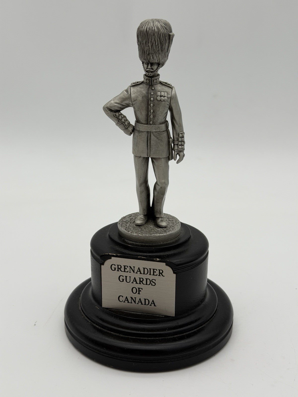 Vintage Pewter Grenadier Of Canada On wooden base soldier figurine Sculpture 7.5