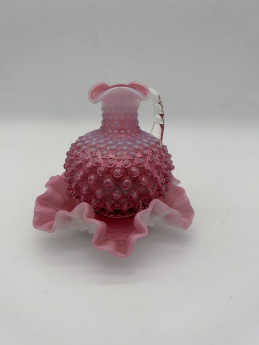 Vtg Fenton Art Glass Cranberry Opalescent Hobnail Ruffled Bowl & Pitcher