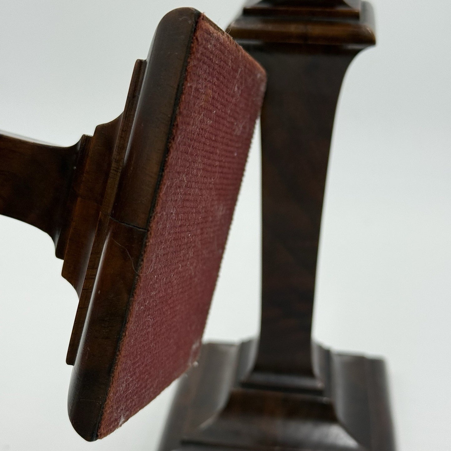 Early 20th Century Walnut Veneer Wood Pedestal Candlesticks Pair Red Velvet 10in