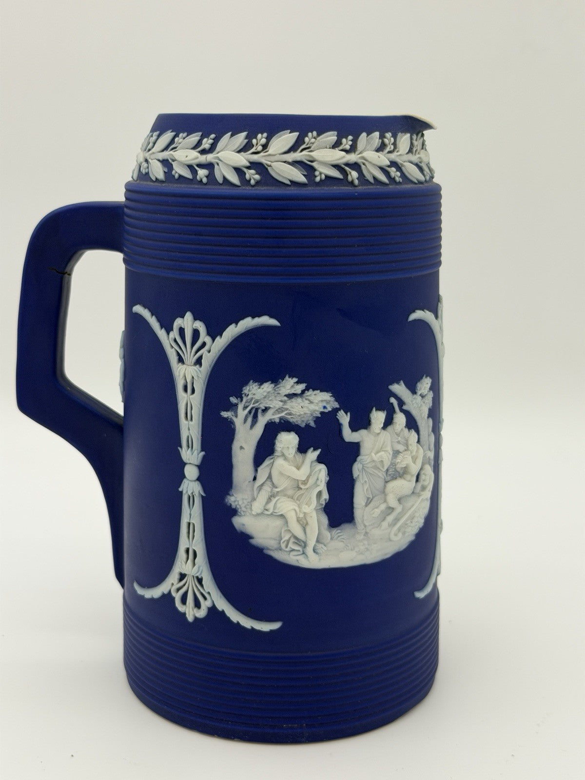 Antique Wedgwood Jasperware Dipped Blue Pitcher 7.5” Trojan Jug England Large