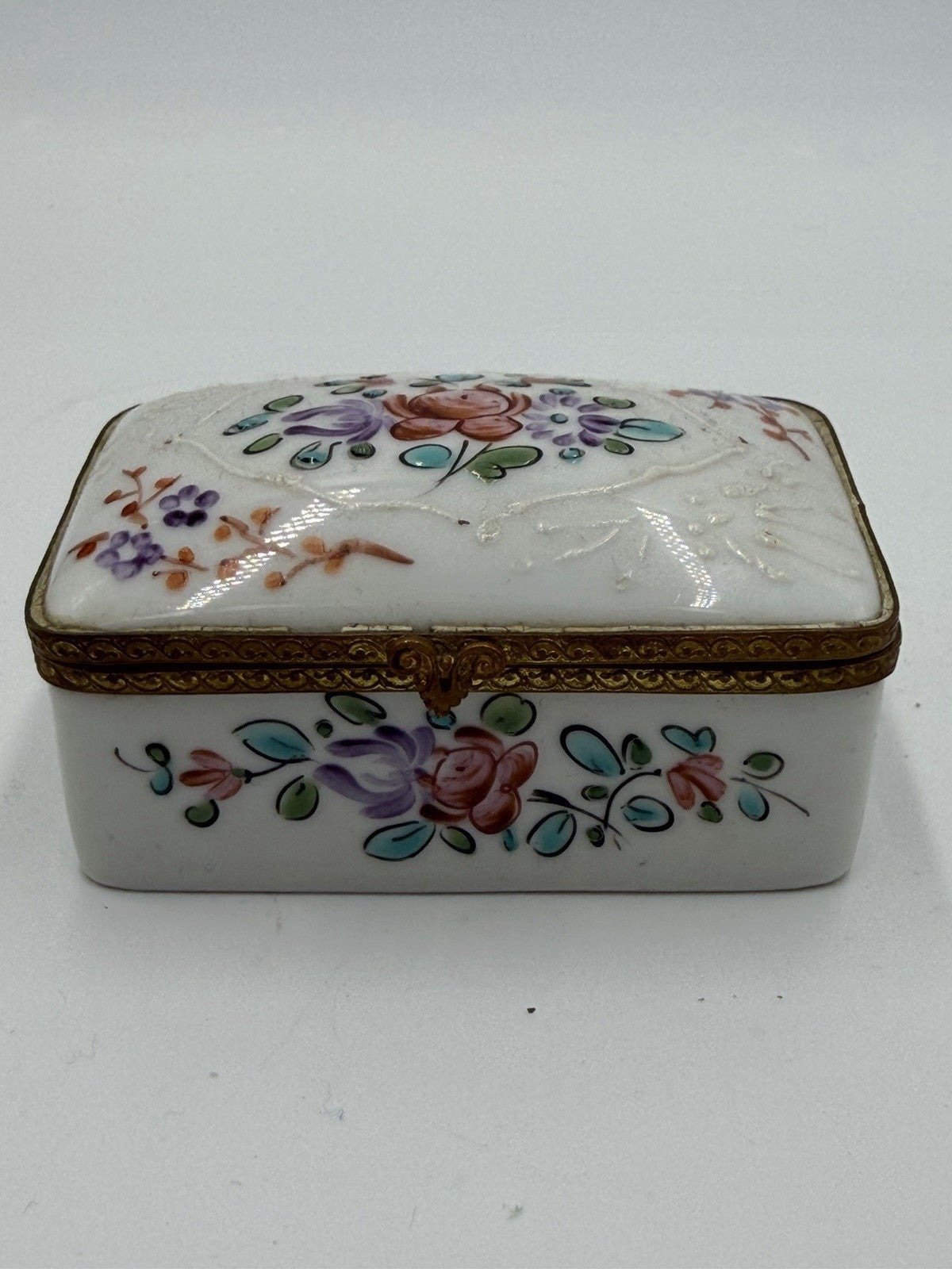 Antique France Made Porcelain Floral Painted Metal Accents Trinket Jewelry Box