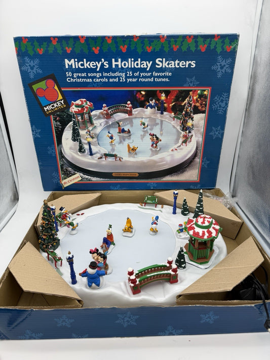 Mr Christmas 1996 Disney Mickeys Holiday Skaters Ice Skating Pond Rink Complete