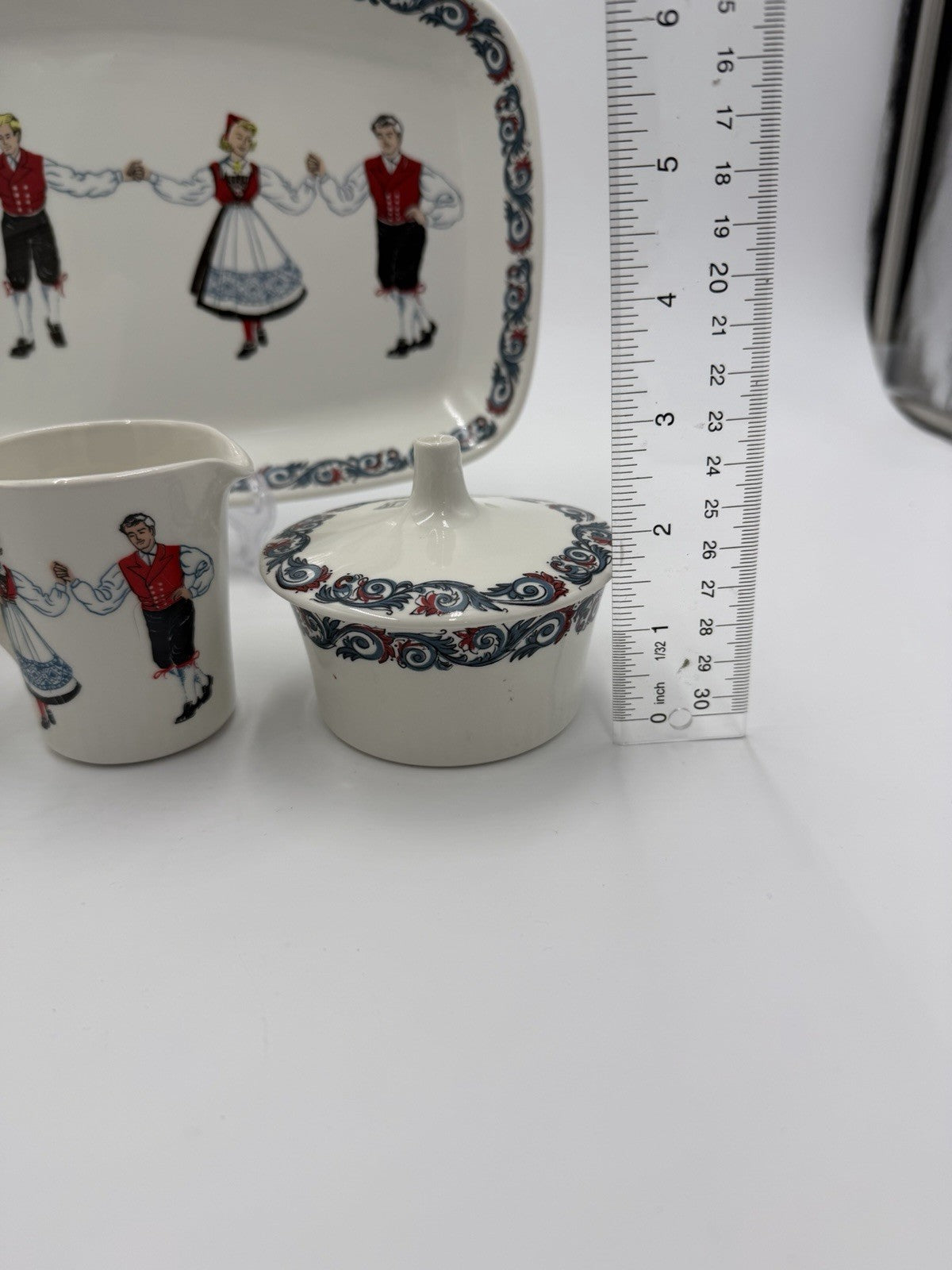 Vintage Figgjo Flint Hardanger Dancers Teapot Creamer Sugar Bowl Platter  Norway