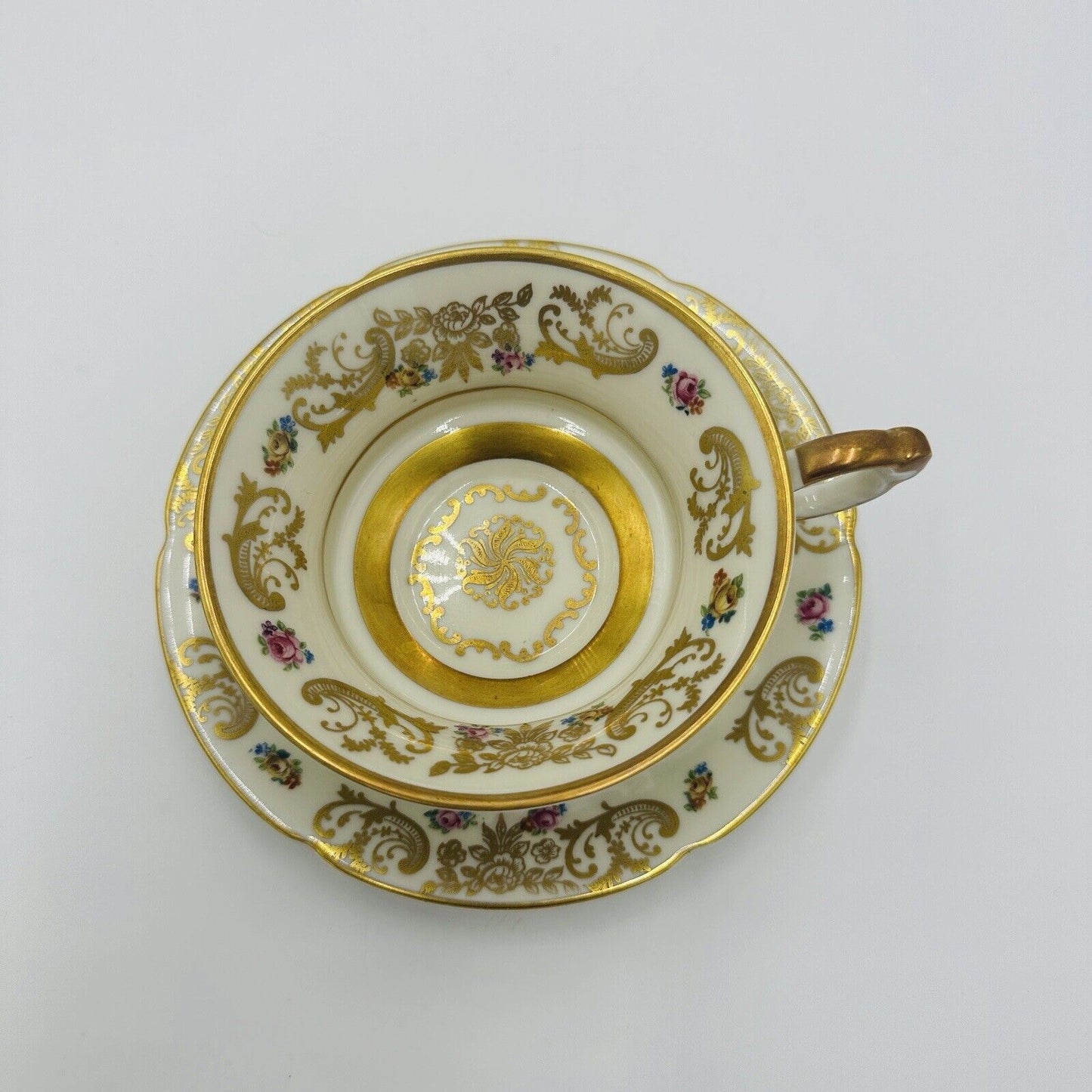 Hertel-Jacob Rehau Teacup Saucer Bavaria Porcelain 9624 Floral Gold Trim German