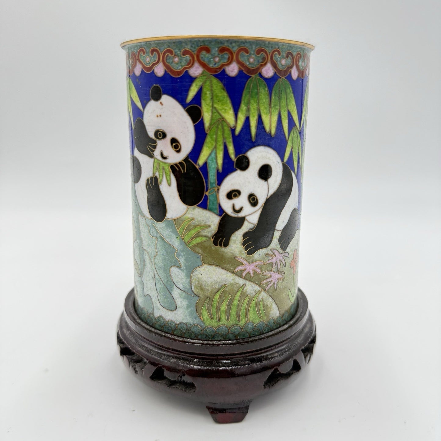 Rare Cloisone Enameled Chinese Panda Bear Bamboo Floral Vase 5.5”