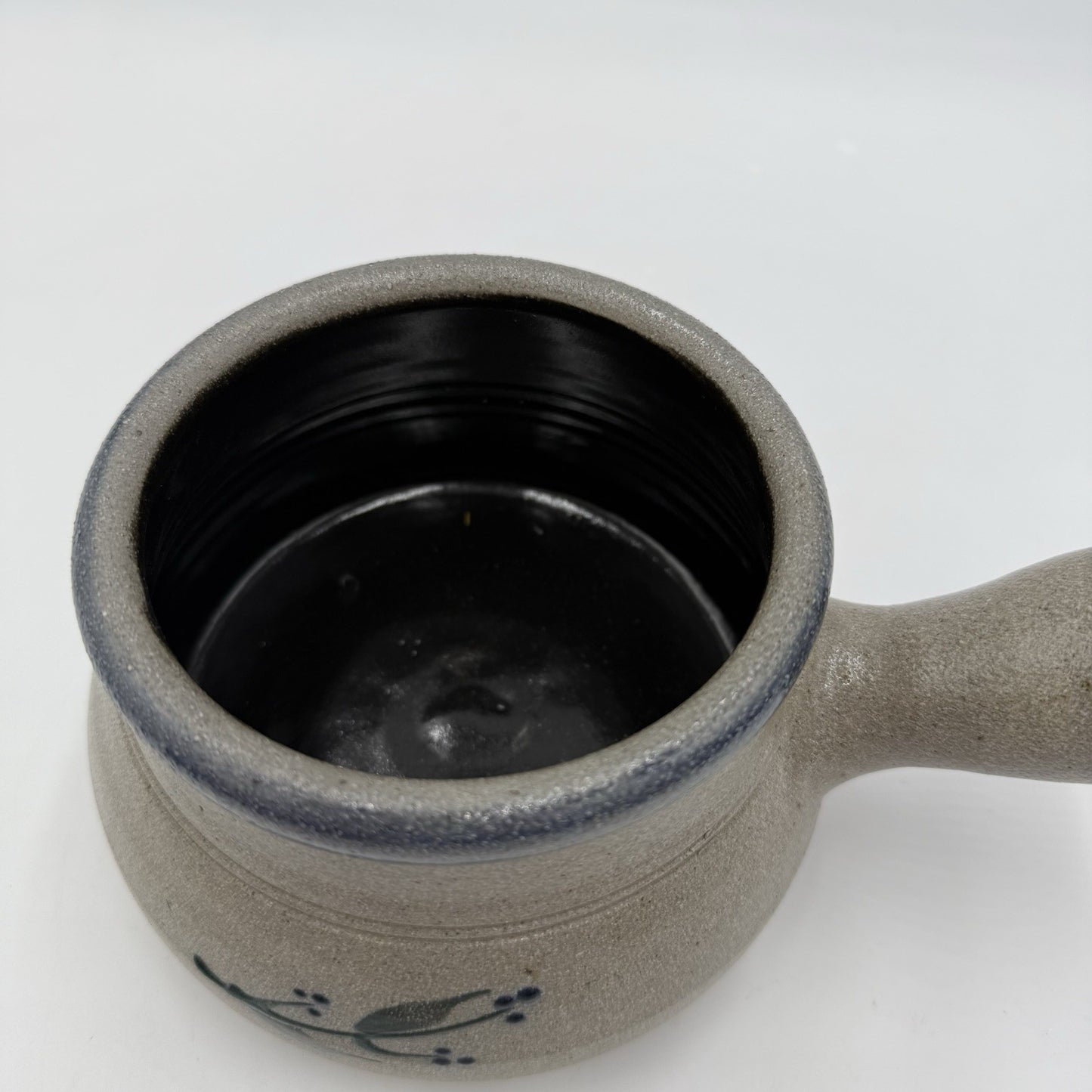 Rowe Pottery Works Salt Glazed Soup Crock Bowl Salt Glaze Blue Floral Design 9in