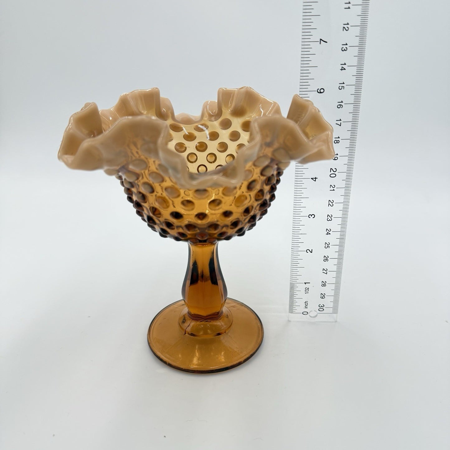 Fenton Art Glass Root Beer Opalescent Gradient Hobnail Ruffled Compote 6in
