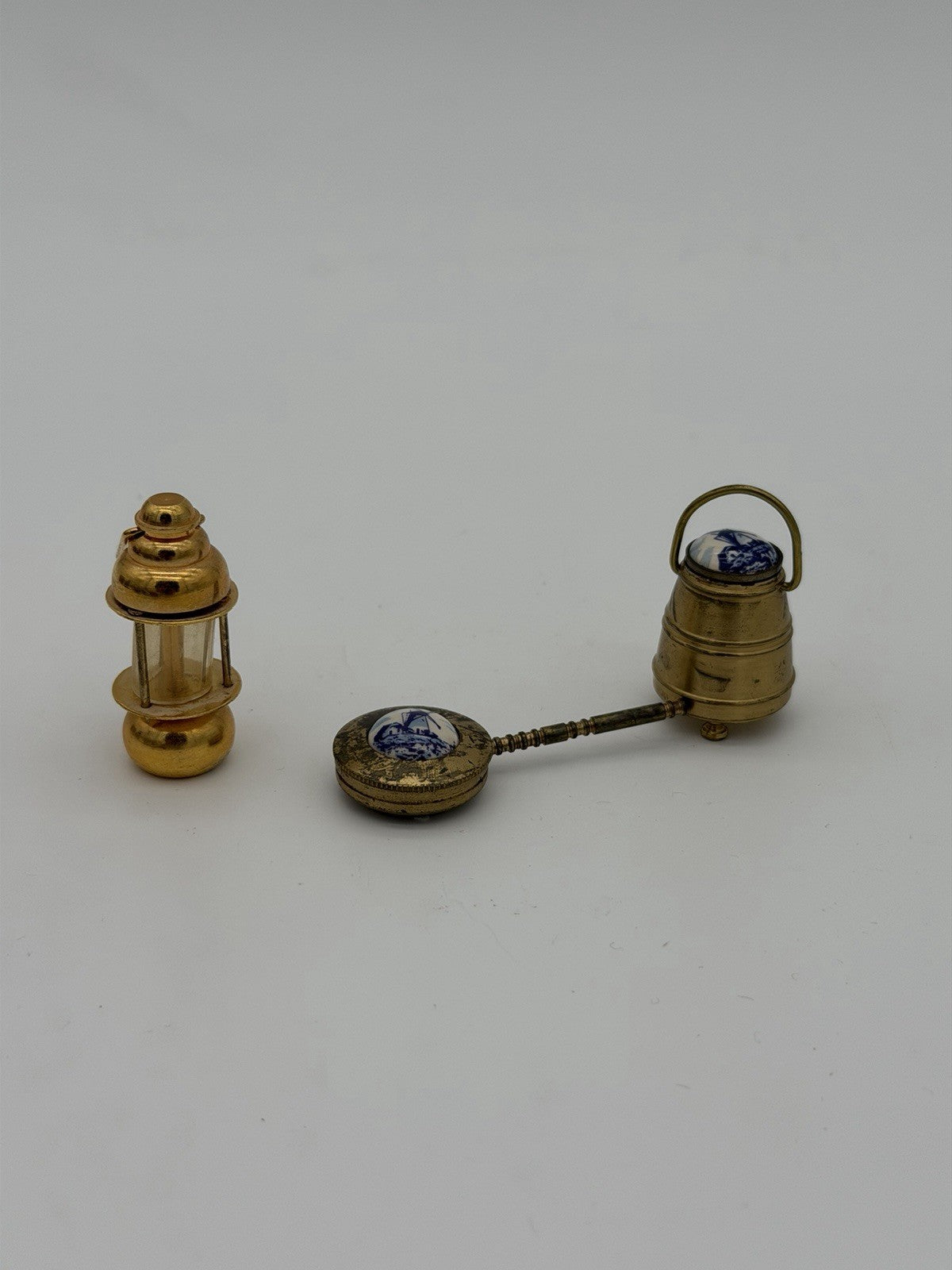 Vintage Brass Dutch Miniatures Dollhouse Holland Enamel Blue Delft 3 Pcs