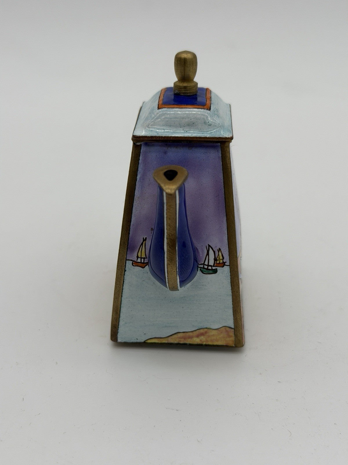 Kelvin Chen miniature enamel copper teapot Van Gogh inspired fishing boat scene