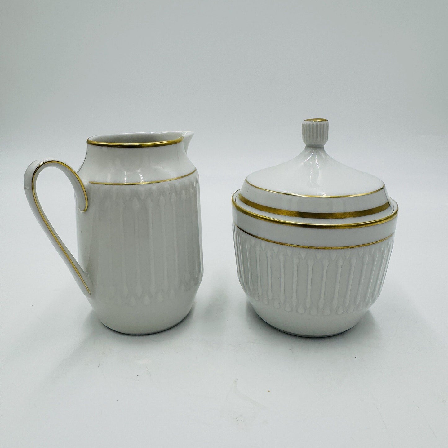 Hutschenreuter Luxor Germany Porcelain 3106 Creamer & Sugar White Gold Trim Rare