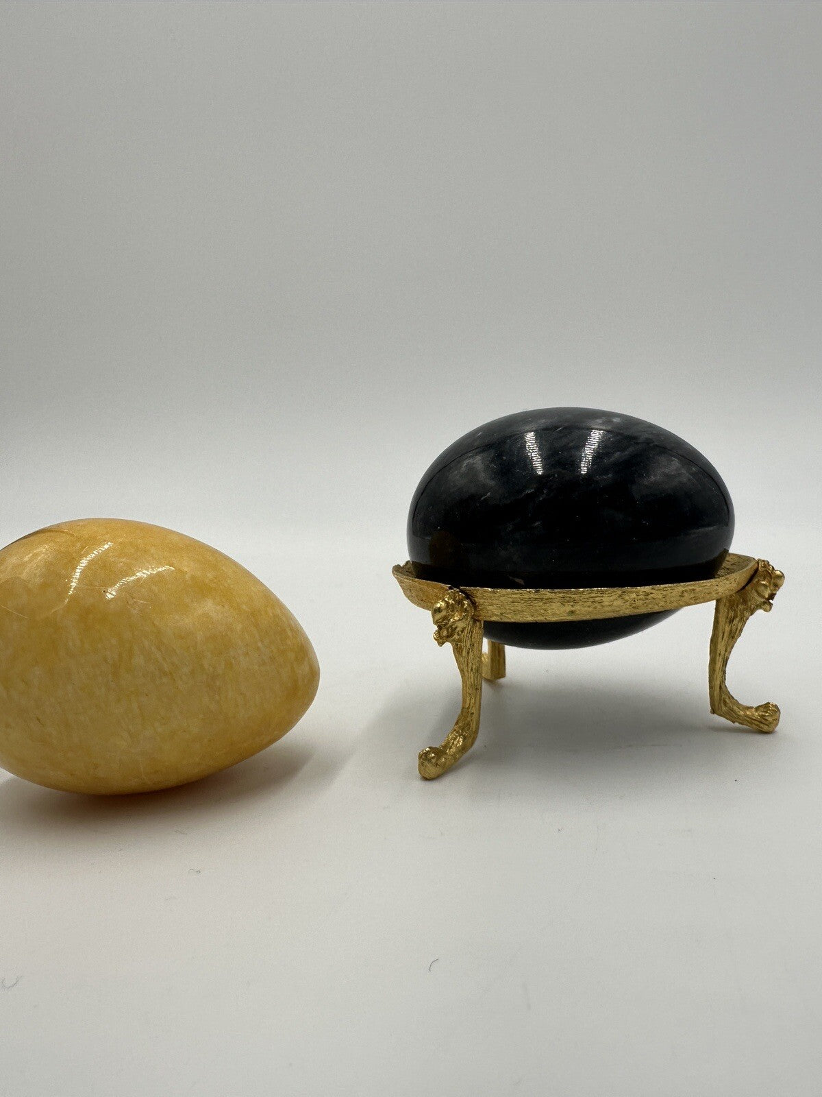 Alabaster Marble Eggs Stone 3in Etching Asian Words Yellow Black Vintage Easter