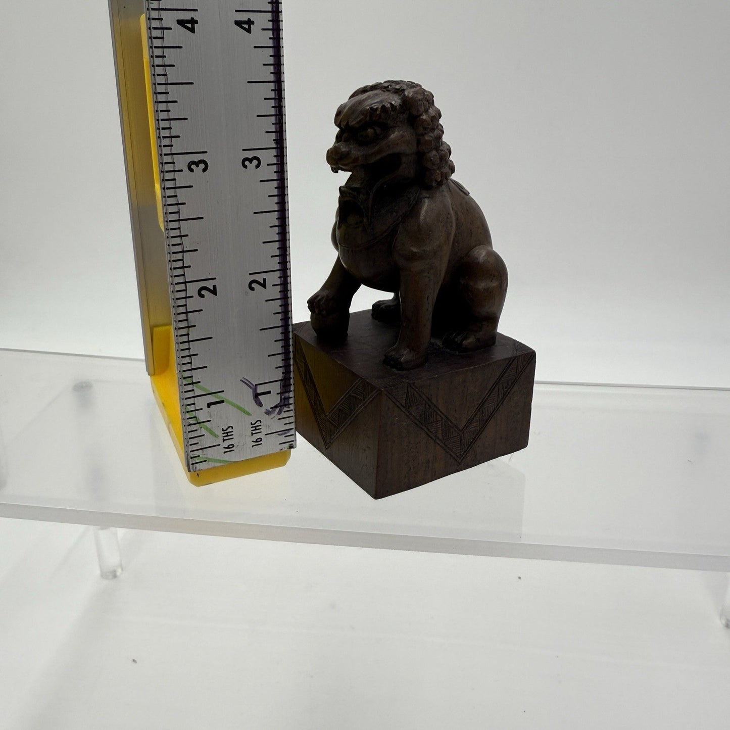 Foo Lion Chinese Hand Carved Wooden Figurine Solid 3.5in Vintage