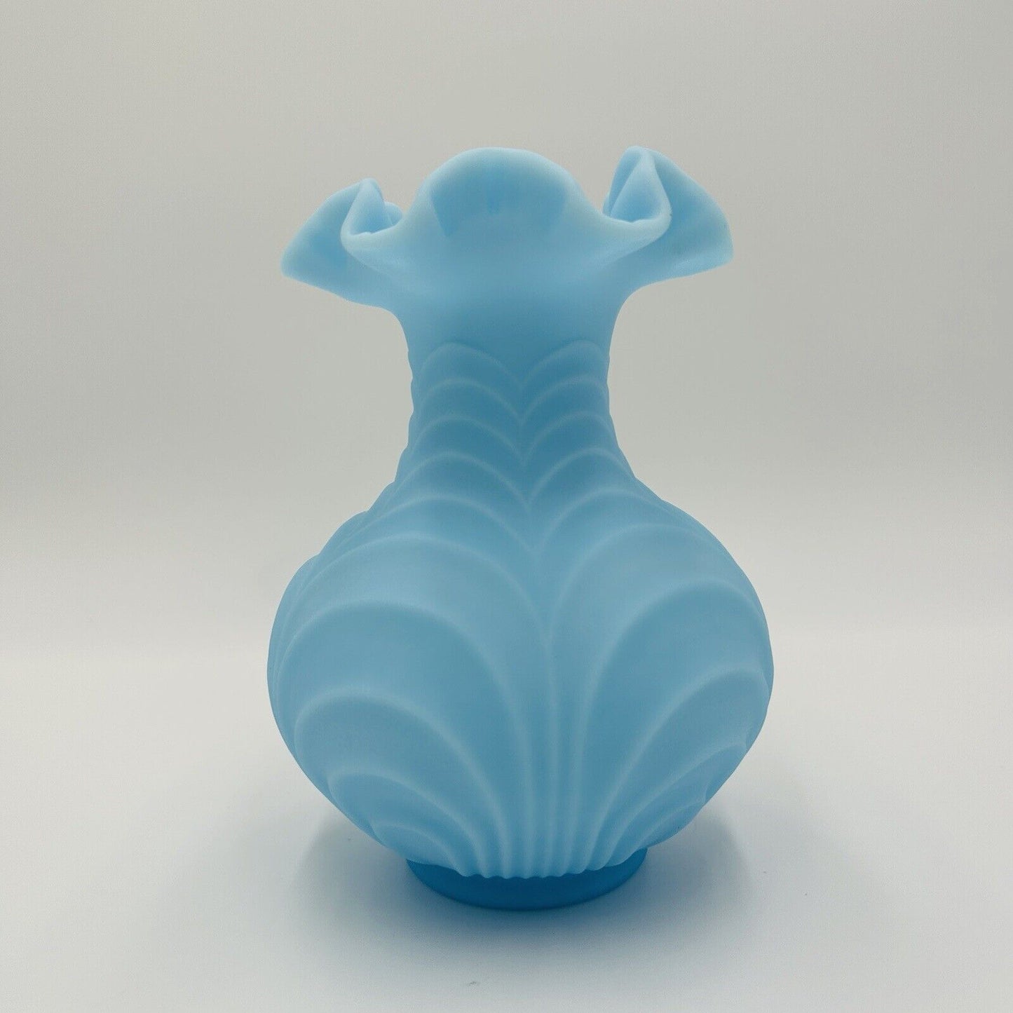 Fenton Vase Powder Blue Drapery Style Ruffled Satin Glass Top Large Vintage