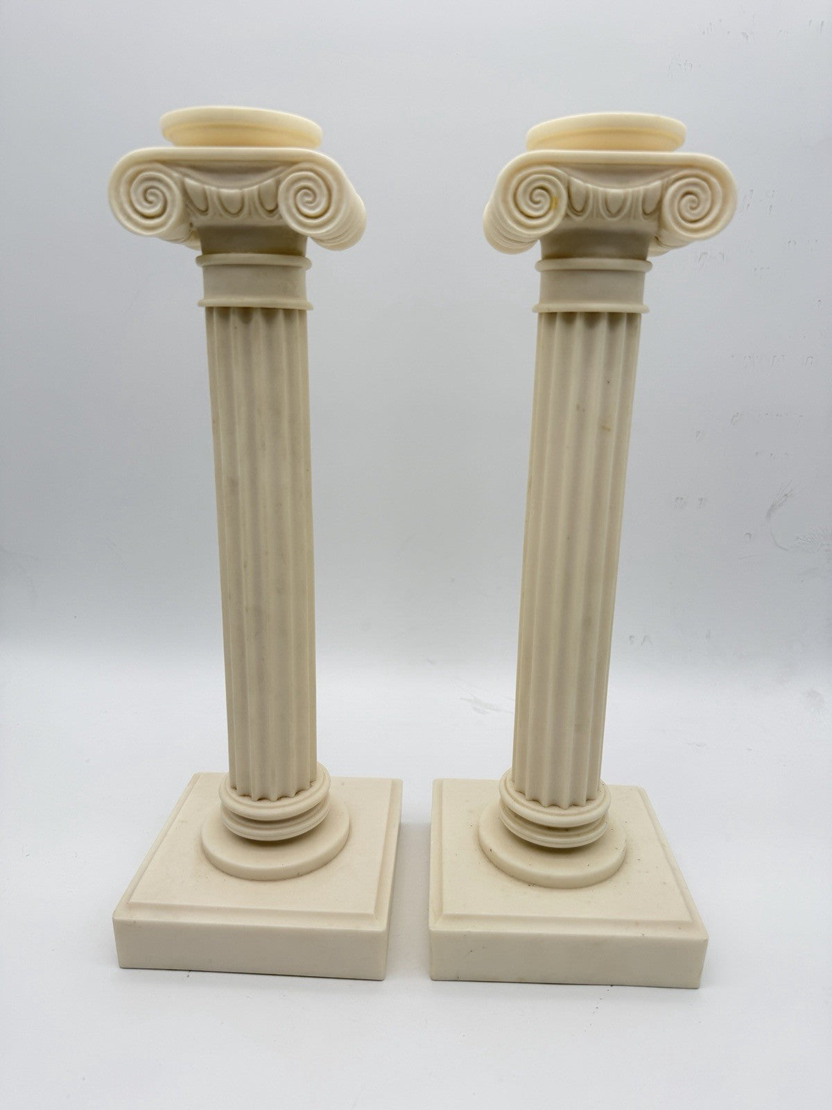 2 Alabaster Carved Roman Columns Corinthian  Sculpture Candle Holders 15.5”x5”