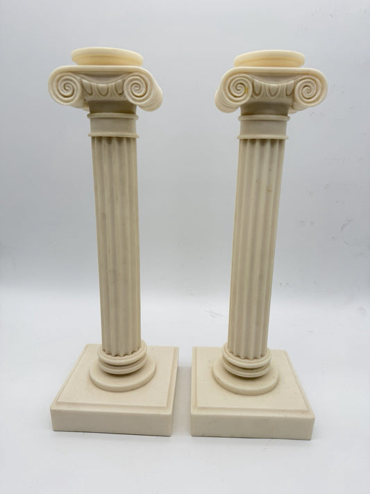 2 Alabaster Carved Roman Columns Corinthian  Sculpture Candle Holders 15.5”x5”