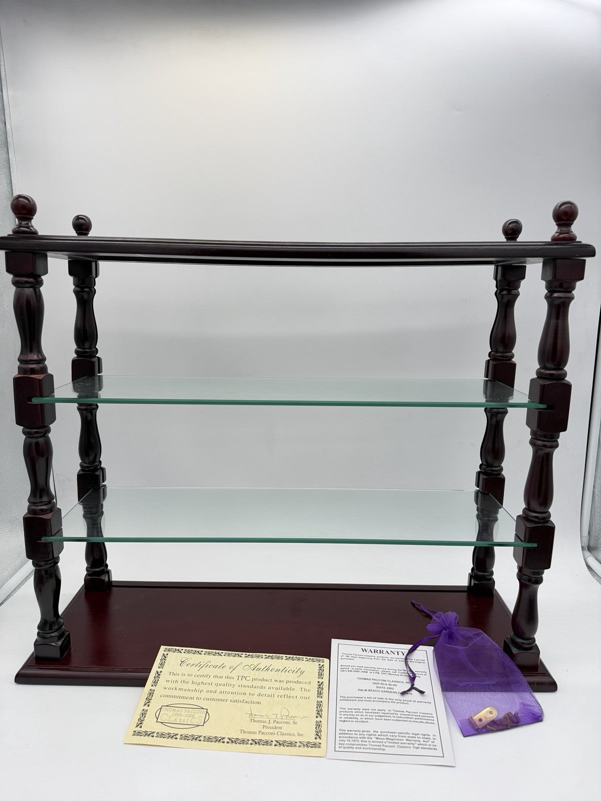 Vintage Thomas Pacconi Classics Wooden Mahogany Wall Shelf  Glass Display