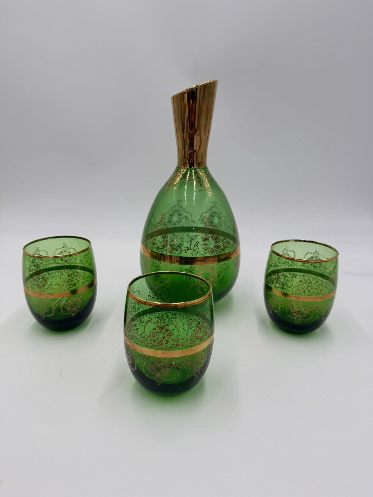 Vintage Murano Art Glass Italy Ferro & Lazzarini Decanter Set Green Emerald 4 Pc