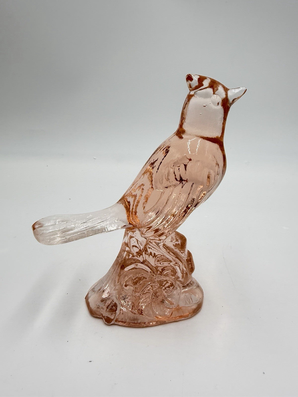 Vintage Mosser Art Glass Peach Frosted Cardinal Bird Figurine 5”H X5”L
