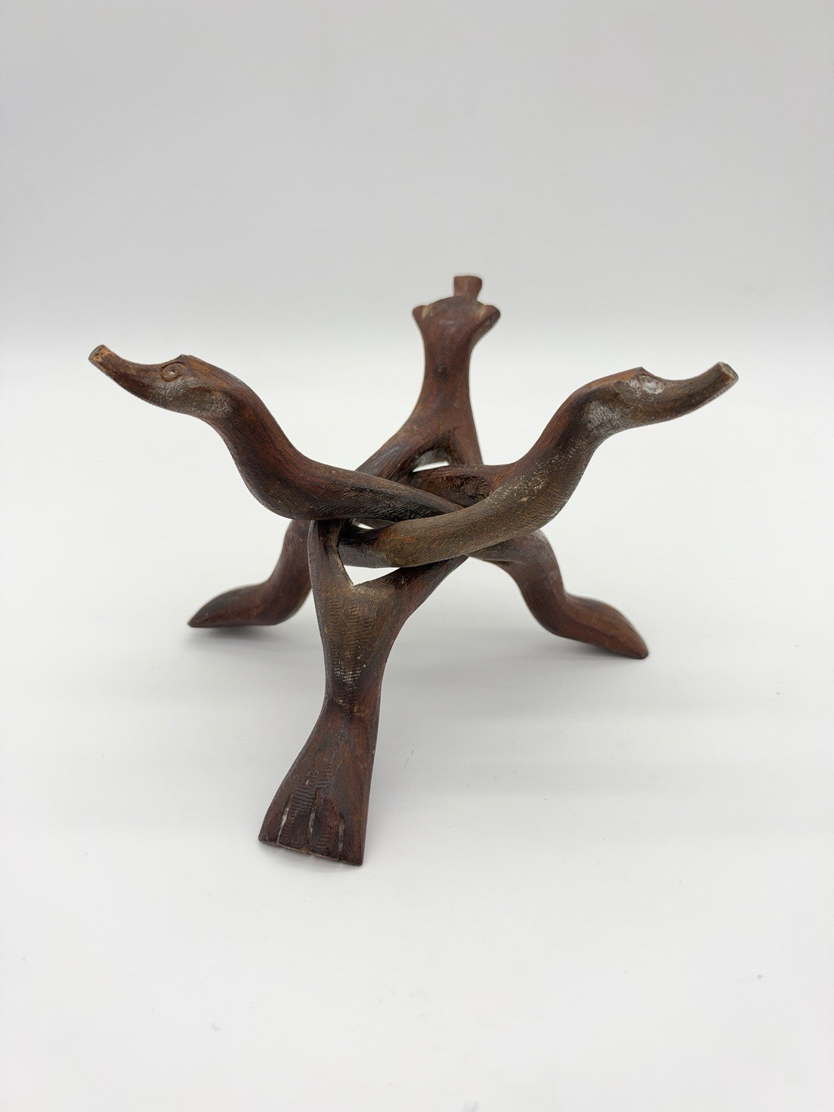 20th Century Boho Chic Hand Carved Wood Bowl Stand Snake Head 5”H