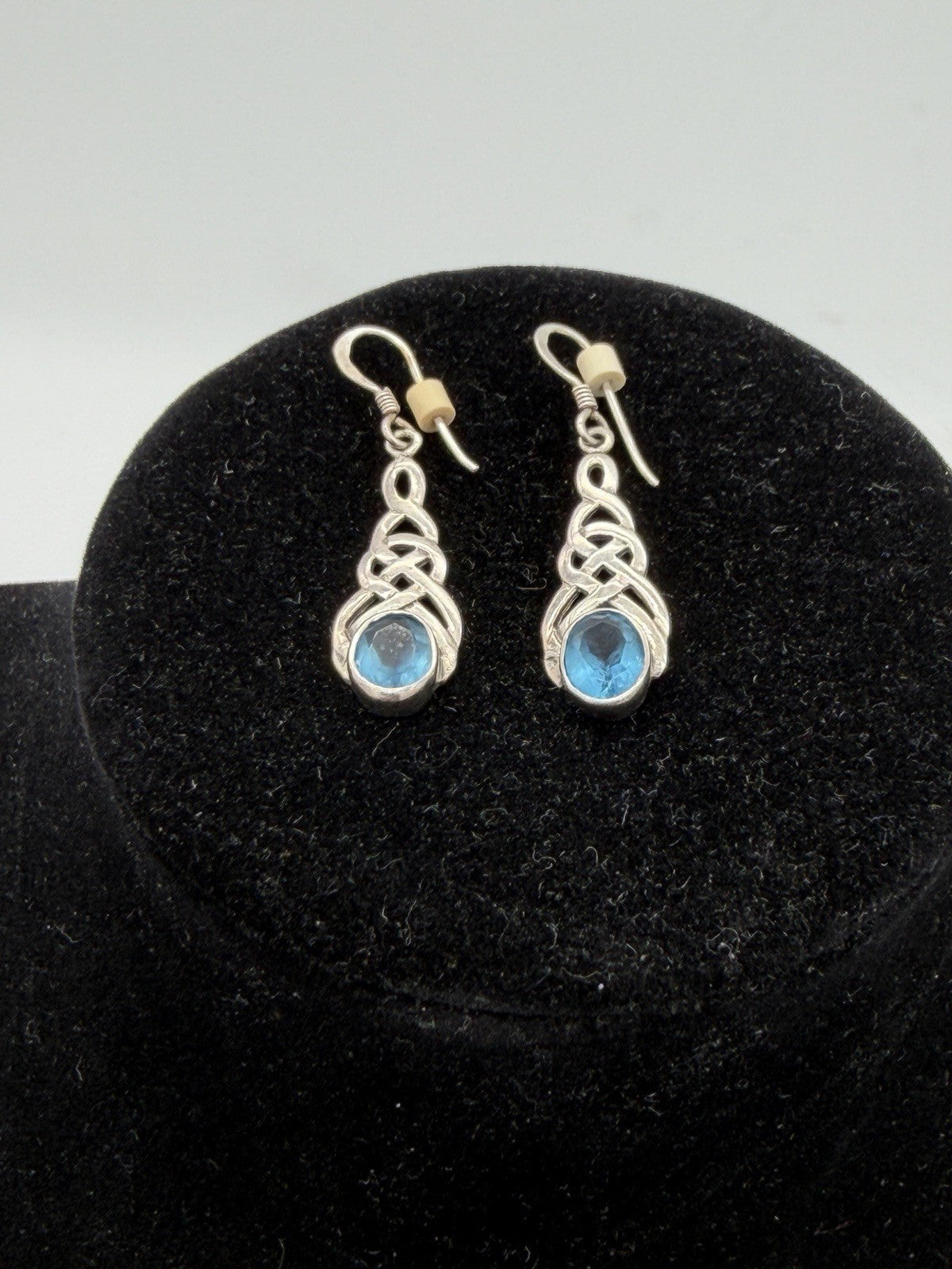 Vintage Sterling Silver & Blue Topaz Scottish Celtic Drop Dangle Earrings