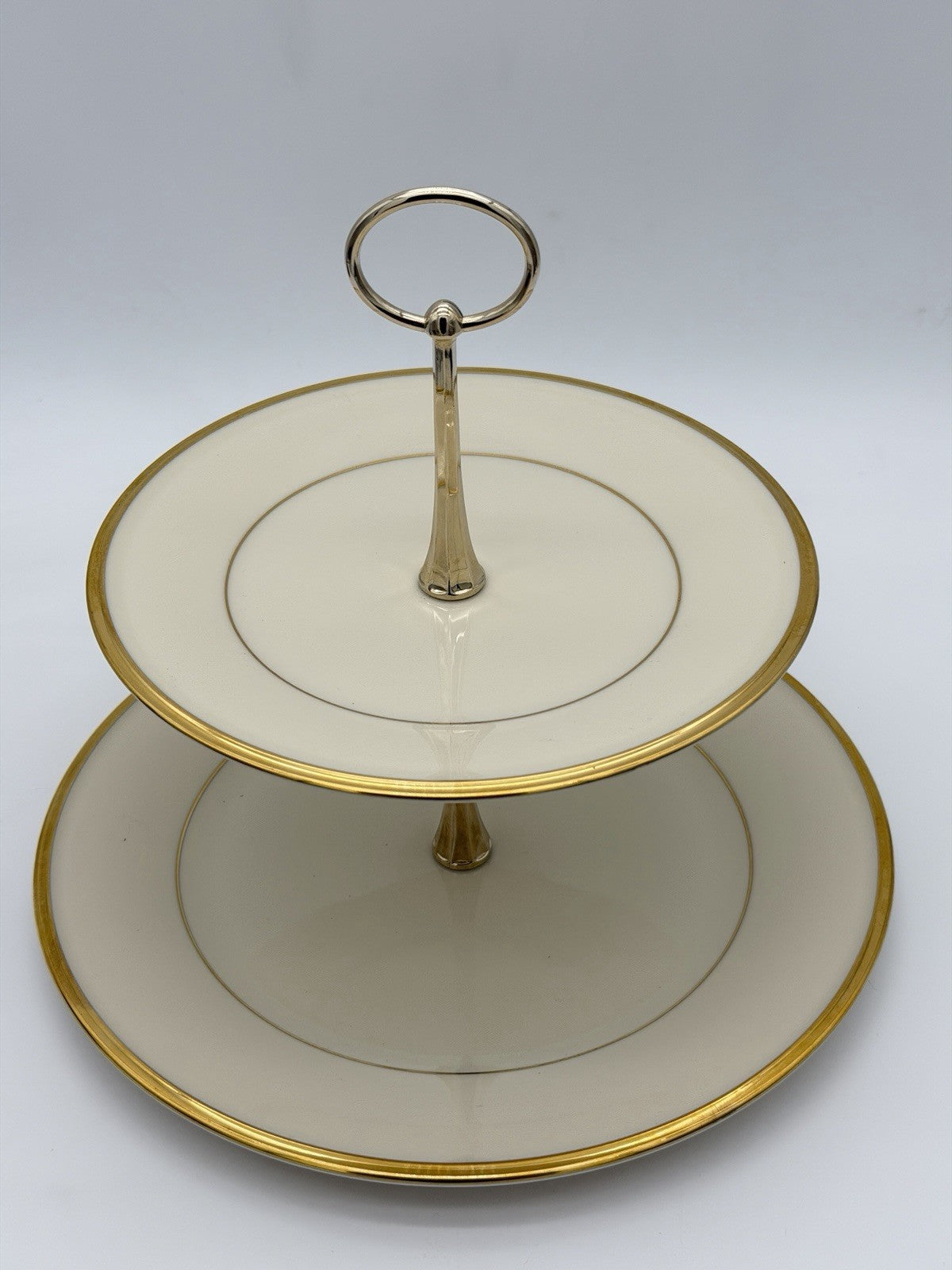 Lenox USA Porcelain  Eternal Gold 2 Tier Tidbit Appetizer Stand Gold rim 10”&8”