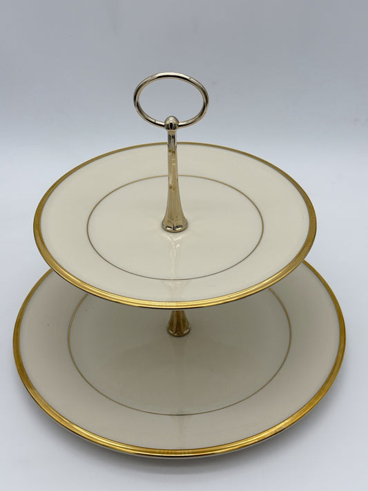 Lenox USA Porcelain  Eternal Gold 2 Tier Tidbit Appetizer Stand Gold rim 10”&8”