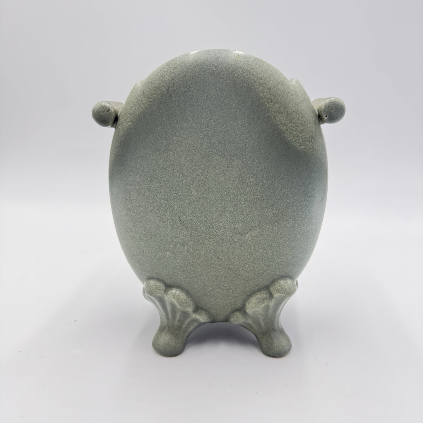 Celadon Art Pottery Green Footed Vase Double Handle Chinese 6.5”h X 2”w X 5.5”
