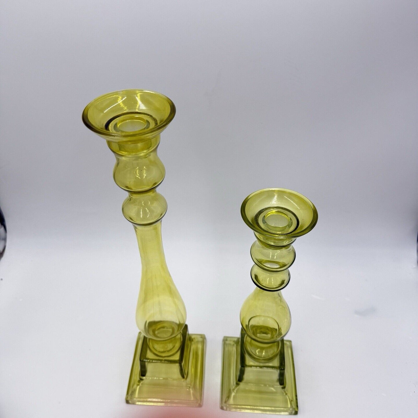 MCM Yellow Art Glass Candle holders By Lazy Susan Square Base Round Top 2