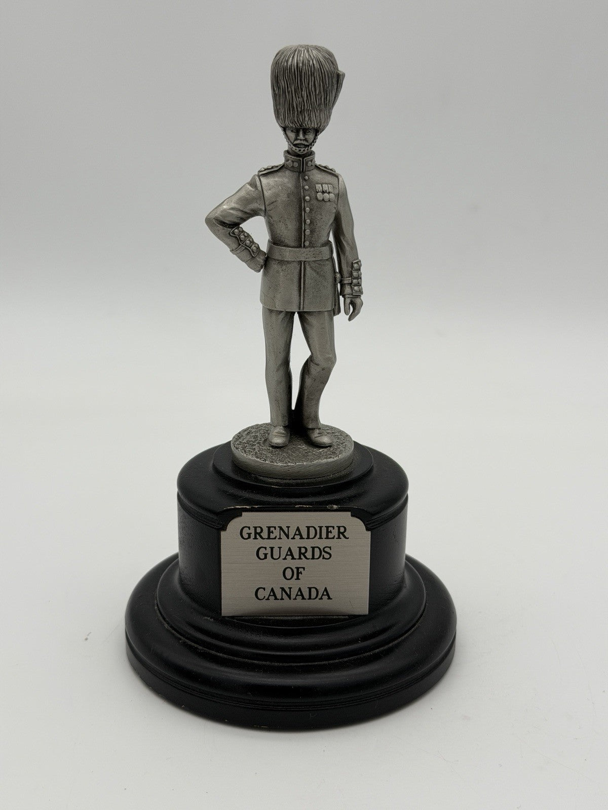 Vintage Pewter Grenadier Of Canada On wooden base soldier figurine Sculpture 7.5