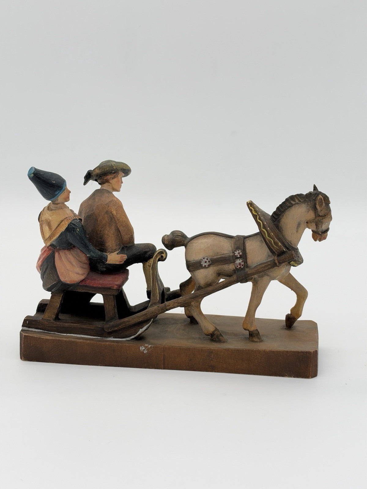 Antique folk art wood carving August Runggaldier Italy  farmers on horse sleigh