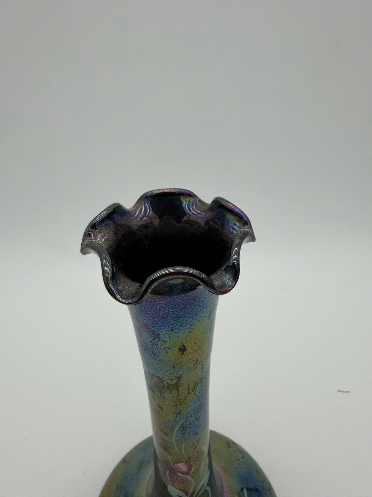 Vintage Art Nouveau Iridescent Art Glass Painted Rose Signed Vase 9”H
