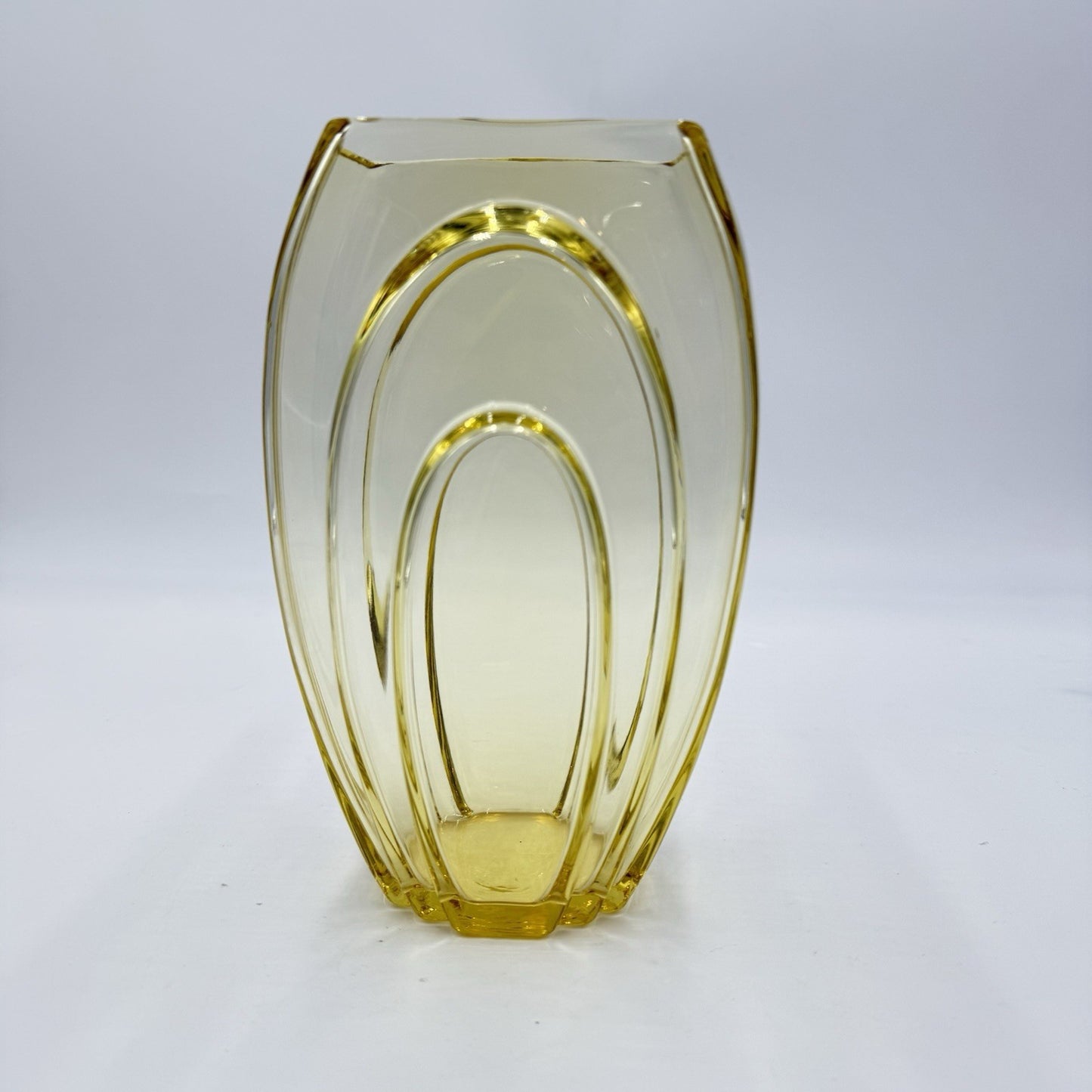 GEORGE SAKIER Fostoria Art Glass Amber Yellow MCM Vase 7.5” USA Rare