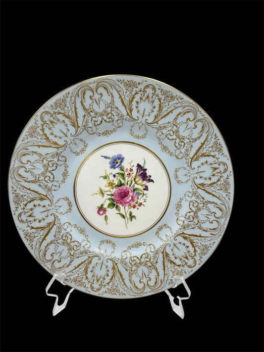 Royal Worcester England Embellished Floral Light Blue Gold Trim Dinner 10” Plate