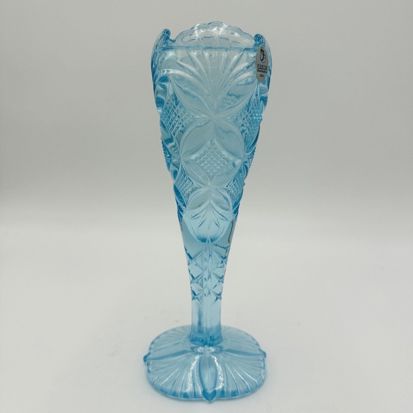 Fenton Art Glass Vase Aqua Blue With Etched Butterfly & Diamond Pattern Vintage