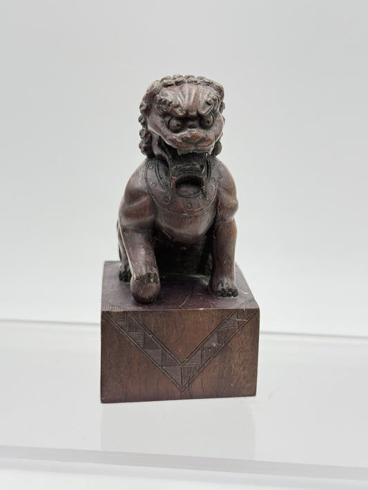 Foo Lion Chinese Hand Carved Wooden Figurine Solid 3.5in Vintage