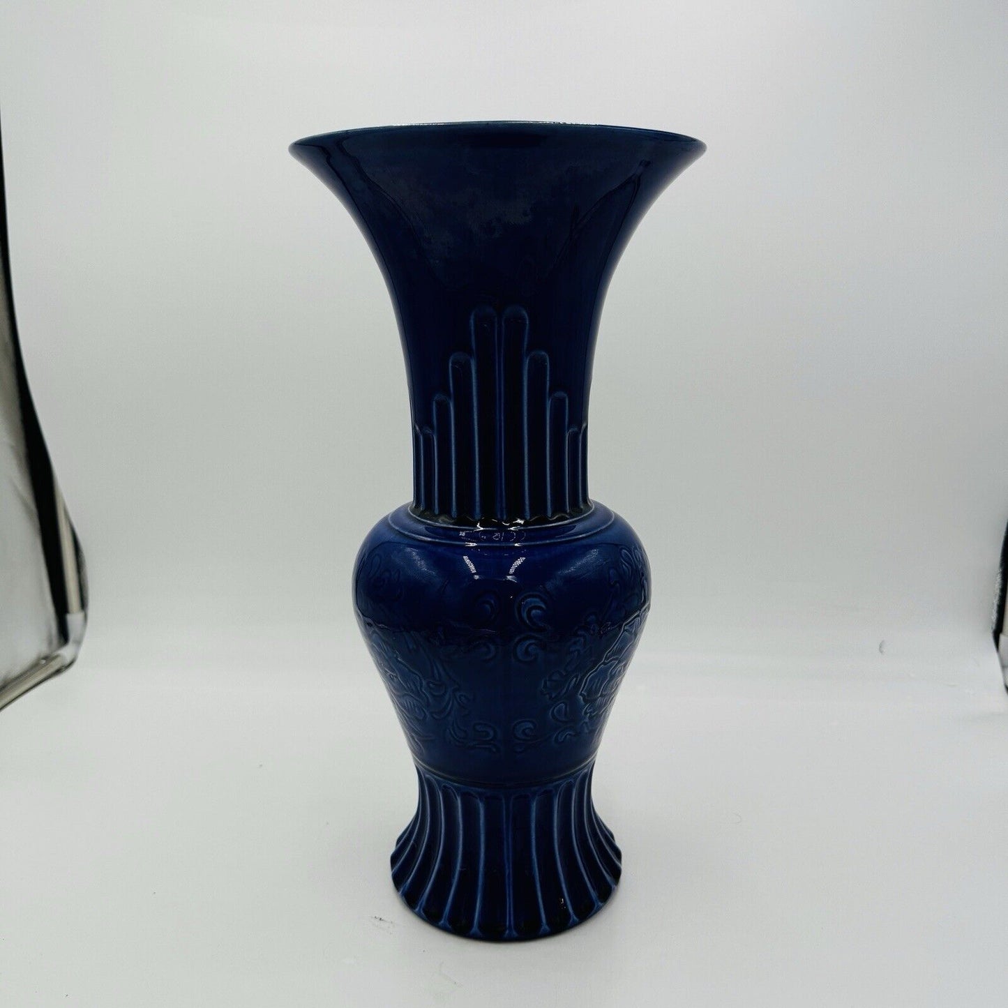 Hyalyn Pottery Vase 15in Cobalt Blue Floral Etched USA #571 MCM Large Standing