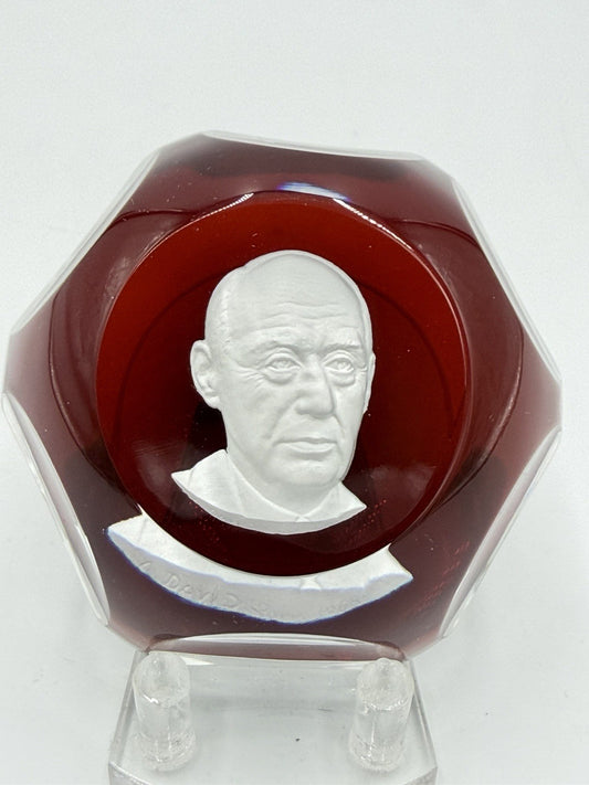 Baccarat France Crystal Adlai Stevenson Faceted Paperweight Red Signed