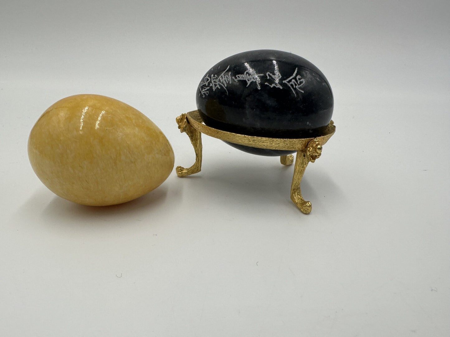 Alabaster Marble Eggs Stone 3in Etching Asian Words Yellow Black Vintage Easter