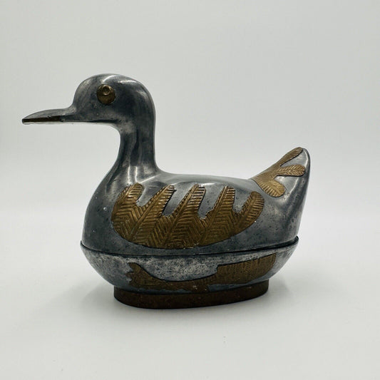 Duck Trinket Jewelry Box Pewter Brass Metal Hand Crafted Vintage 1960s MCM