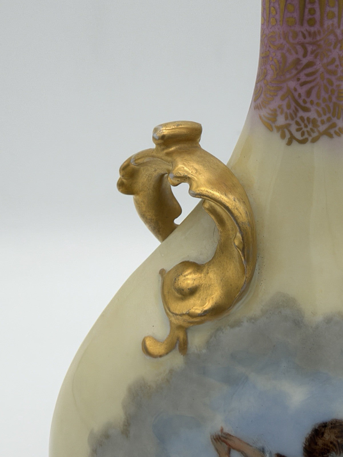Antique Elite Limoges France Jean Pouyat C.1900 Porcelain 10” Handled Gold Vase