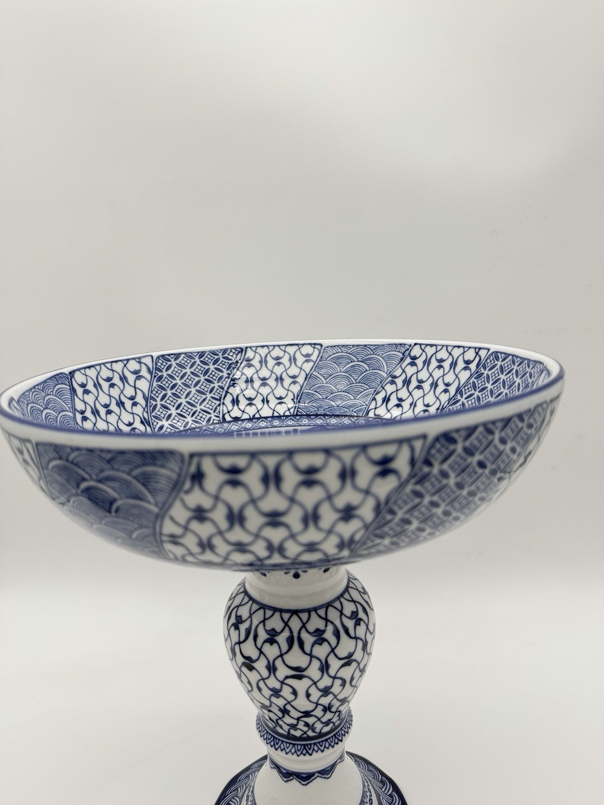 Bombay Company Blue & White Porcelain Compote Pedestal Bowl Footed 12”H X11”w
