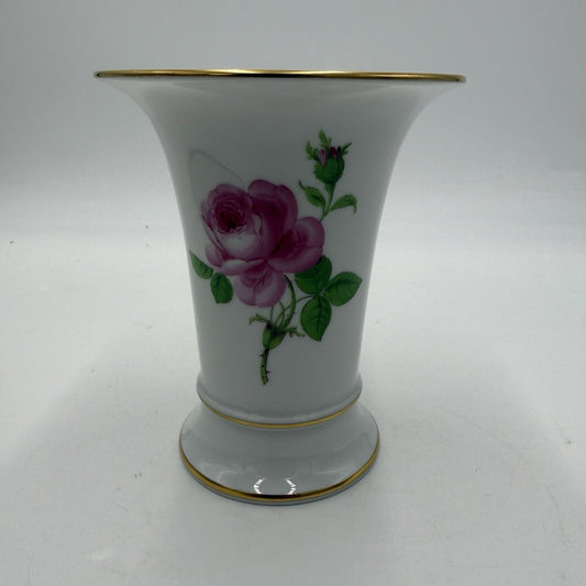 Antique Meissen Vase Pink Rose Trumpet Shaped Painted 5.5” Gold Rim Porcelain