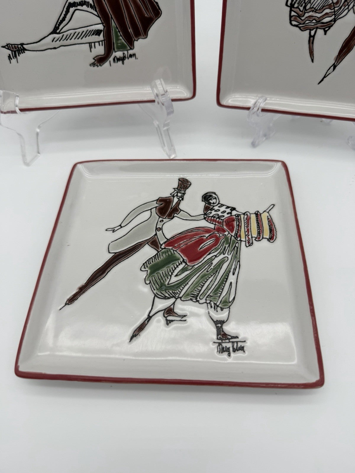 Rare Mary Blair Signed Stoneware Square Skating On Ice Trays Victorian Couples