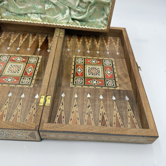 1950 Middle East Marquetry Mosaic Wood Inlaid Pearl Box Backgammon Inside