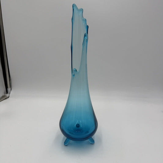 LE Smith Vase 14.5in 3-Toed Art Glass Swung Peacock Blue Vintage Retro Decor MCM