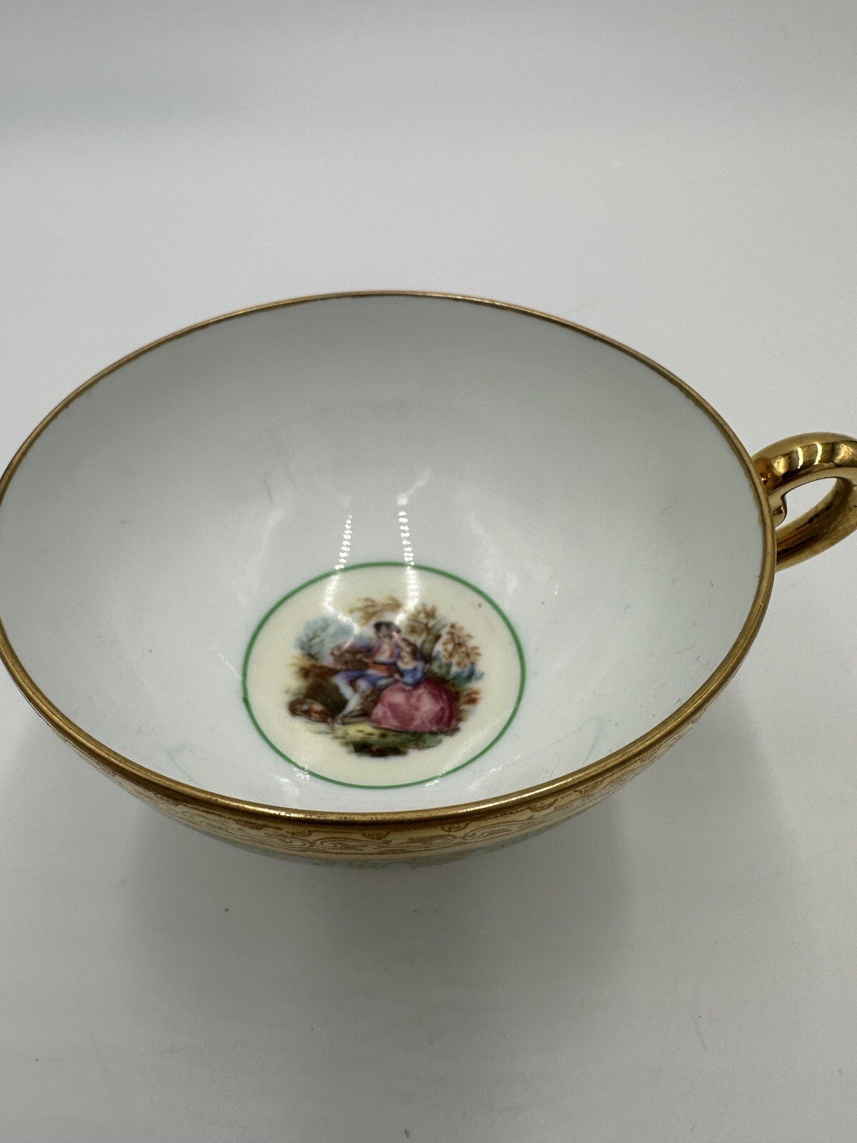 Czchoslovakia Bohemia Teacup Footed 24K Gold Encrusted Green Serveware Porcelain
